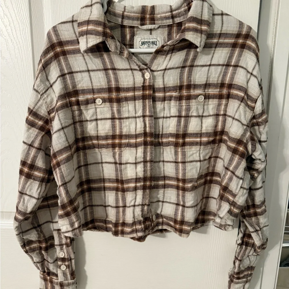 American Eagle Outfitters Women's Cropped Flannel - Brown and Cream - Picture 2 of 4